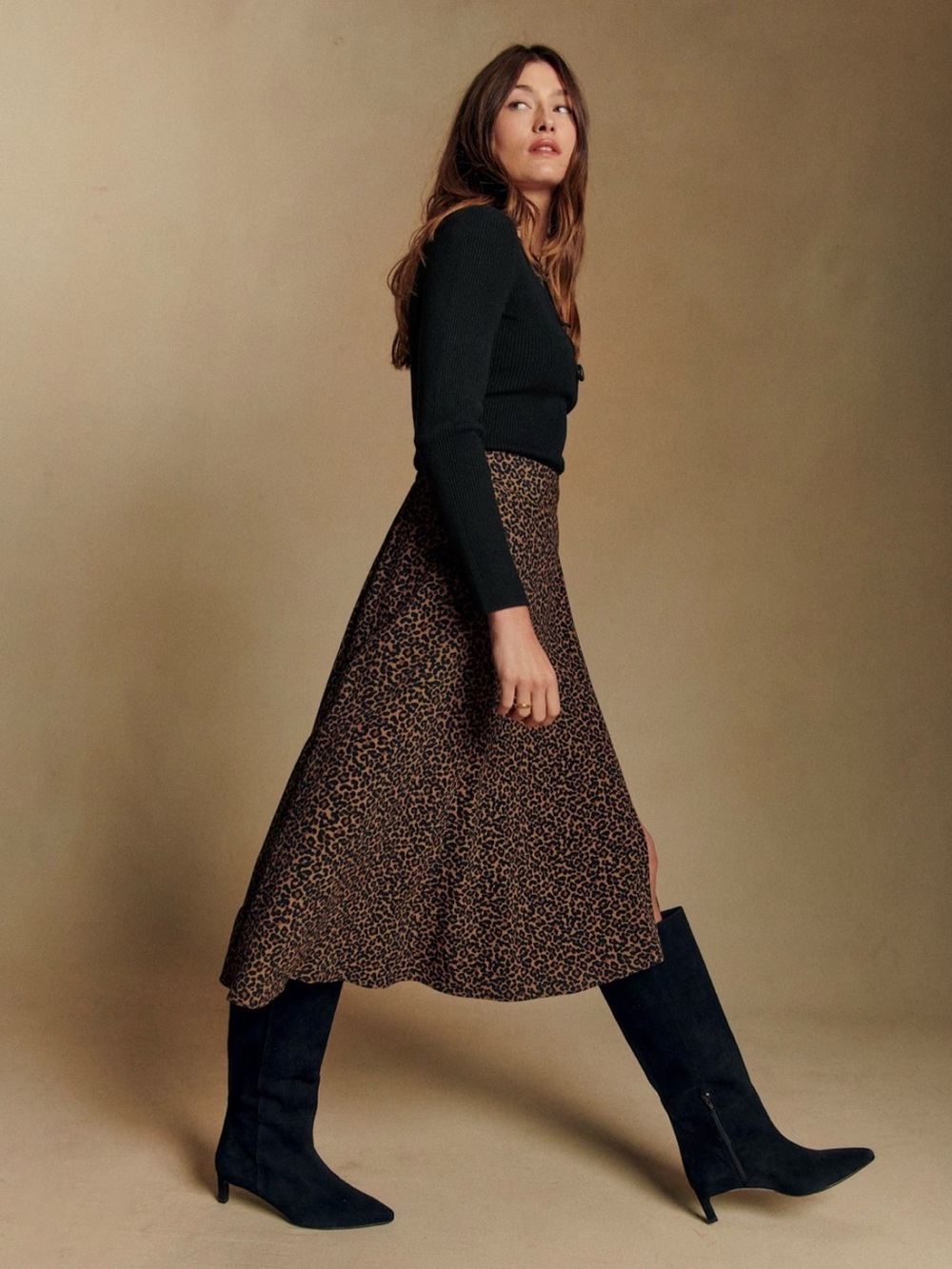 Sézane “Tan” Leopard Print Midi Skirt - Brown